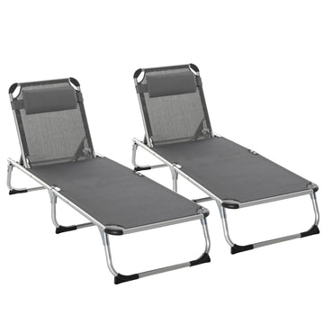 2 Pieces Foldable Outdoor Sun Lounger with Pillow, 5-Level Adjustable Reclining Lounge Chair, Aluminium Frame Camping Bed Cot, Grey