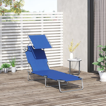 Single Sun Lounger, with Awning and Reclining Back - Blue
