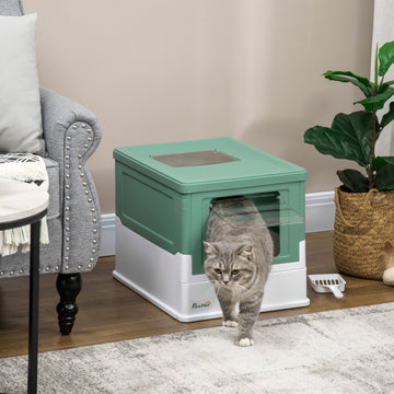 Hooded Cat Litter Box, Portable Pet Toilet, with Scoop, Front Entry - Green
