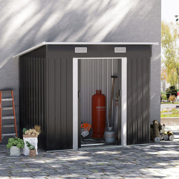 7 x 4ft Outdoor Storage Shed with Foundation Kit, Lean to Metal Garden Shed for Log, Rubbish Bin, Tool, Lawnmower, Bike, Patio and Lawn Use, Black