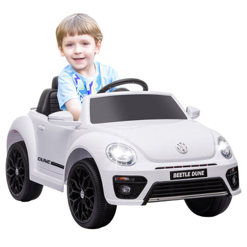 Volkswagen Beetle Licensed 12V Ride on Car w/ Remote Control, Suspension Wheels, Soft Start, Lights, Music, White