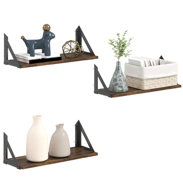 Set of 3 Wall Shelves, Vintage Wall Mounted Floating Shelves for Living Room, Entryway, Bedroom, Rustic Brown