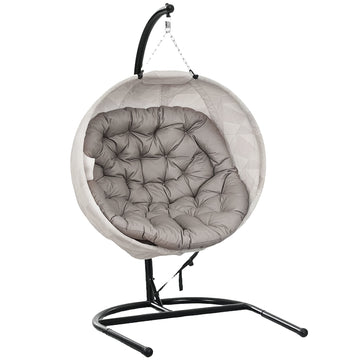 Hanging Egg Chair Outdoor Indoor Garden Swing Chair with Folding Basket, Garden Hanging Chair with Stand, Thickened Cushion, Cup Holder for Patio, Balcony, Sand Brown