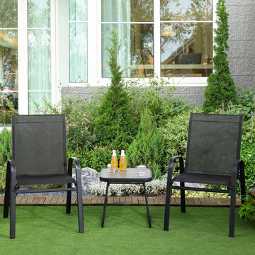 3 Pieces Outdoor Bistro Set, Patio Stackable Armchairs with Breathable Mesh Fabric and SPC Board Coffee Table, Black