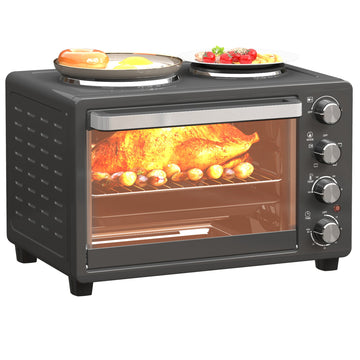 28L Mini Oven with 2 Hot Plates, Countertop Toaster Oven, Grill, Roast, Bake, Boil, with Timer, Adjustable Temperature, Electric Oven with Baking Tray, Grill Rack, Crumb Tray, 2600W, Black