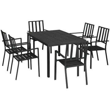 Seven-Piece Minimal Metal Garden Dining Set, with Parasol Hole - Black