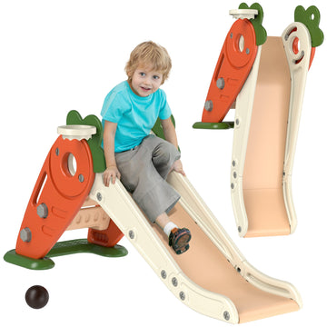 3 in 1 Foldable Toddler Slide with Basketball Hoop, Climber, Carrot-themed, for 1-3 Years