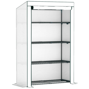 4 Tier Lean-to Mini Greenhouse with Reinforced PE Cover, Portable Small Greenhouse with Roll-Up Door, Green Hemmed Edging, 110 x 50 x 171cm, Green