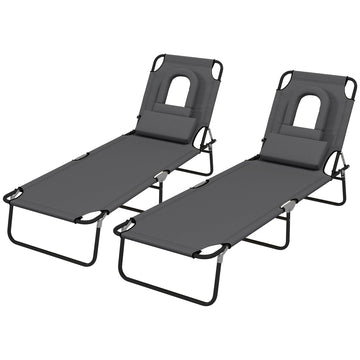 Outdoor Folding Sun Lounger Set of 2 with Face Hole, 4 Level Adjustable Backrest Reclining Garden Lounger, Garden Recliner Sunbed with 600 D Oxford Cloth Seat and Pillow for Beach, Dark Grey