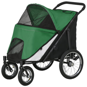 Foldable Pet Stroller, with Washable Cushion, Storage Bags, Safety Leash, for Medium, Large Dogs, Cats - Green