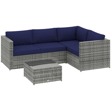 3 Pieces PE Rattan Garden Furniture Set with 10 cm Thick Cushions, 4 Seater Garden Corner Sofa Set with Glass Top Coffee Table, Outdoor Furniture for Patio, Porch, Blue