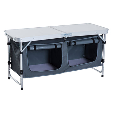 4ft Folding Camping Cupboard Kitchen, Height Adjustable Aluminium Camping Table with Storage, Lightweight Picnic Table for Outdoor Garden BBQ Party