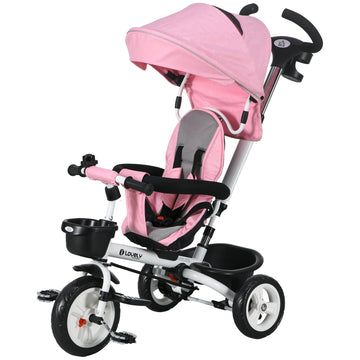 Metal Frame 6 in 1 Baby Push Tricycle with Parent Handle for 1-5 Years Old, Pink