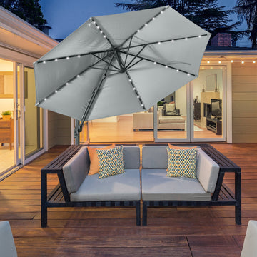 3(m) LED Cantilever Parasol Garden Sun Umbrella w/ Cross Base and Solar Lights Grey