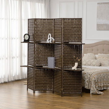 4-Panel Room Dividers with Shelves, Wave Fibre Freestanding Folding Privacy Screen Panels, Partition Wall Divider for Indoor Bedroom Office, 180 cm, Brown