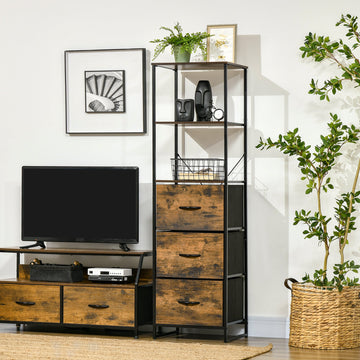 Industrial Storage Cabinet with 2 Open Shelves and 3 Foldable Fabric Drawers, Multifunctional Bookshelf in Living Room, Study, Bedroom, Rustic Brown