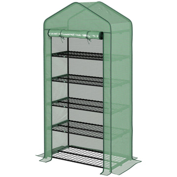 5 Tier Widened Mini Greenhouse with Reinforced PE Cover, Portable Indoor Outdoor Green House with Roll-up Door and Wire Shelves, 193H x 90W x 49Dcm, Green