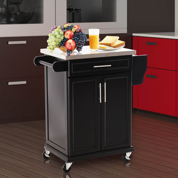 Wooden Kitchen Island on Wheels, Serving Cart Storage Trolley with Stainless Steel Top, Drawer, Side Handle and Rack, Black