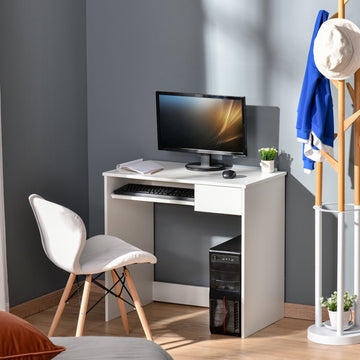 80cm Compact Computer Desk with Keyboard Tray, Home Office Desk with Drawer for Bedroom Study, White
