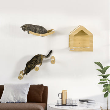 Wall Mounted Cat Shelves, with House, Hammock, Scratching Post - Oak Tone