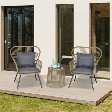 3 Pieces Rattan Bistro Set, Wicker Garden Furniture Set with Cushions, Glass Top Coffee Table and Chairs for Outdoor, Patio, Balcony, Brown