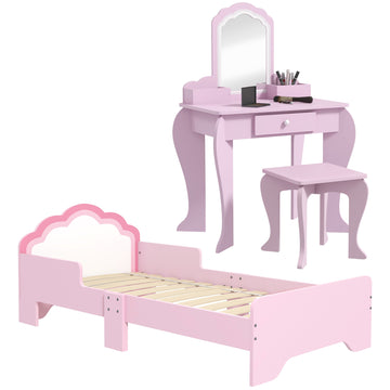 Wooden Kids Bedroom Furniture Set with Kids Dressing Table, Stool, Bed, for 3-6 Years, Cloud-Design
