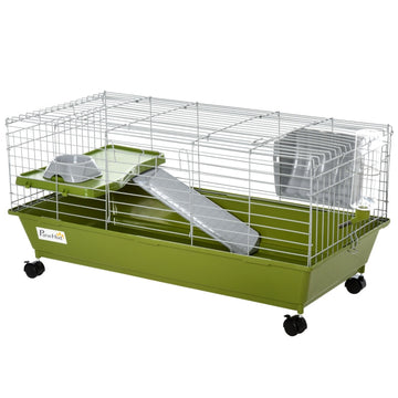 Small Animal Cage Rabbit Guinea Pigs Chinchillas Cage w/ Wheels Water Bottle Food Dish Platform Ramp 89 x 44 x 43 cm Green