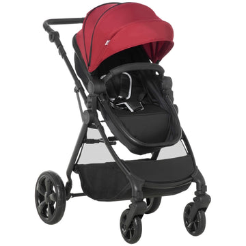 Foldable Baby Stoller, with Reclining Backrest, Adjustable Canopy, for Ages 0-36 Months - Red