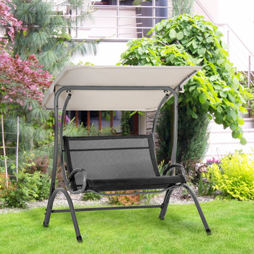 2 Seater Garden Swing Seat Double Bed Swing Chair Outdoor Hammock Bench w/ Adjustable Tilting Canopy, Texteline Seats and Steel Frame, Beige