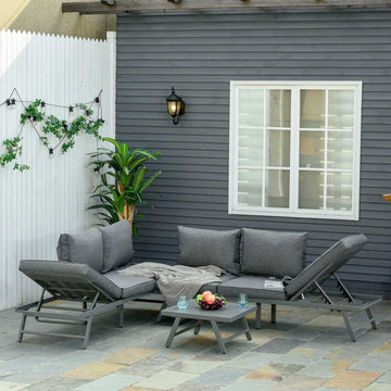 3 Pieces Garden Furniture Sets, 6 Seater Corner Sofa Set with Adjustable Backrest Chase Lounge with Slatted Metal Top Table, Padded Cushion, Grey