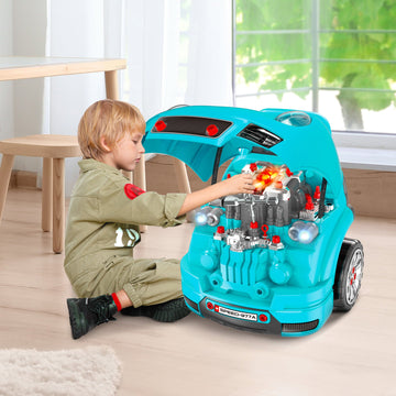 Kids Truck Engine Toy Set, Toddler Educational Car Service Station Playset with Horn, Light, RC Key, DIY Stickers, Four Adjustable Gears for Ages 3-5 Years, Teal