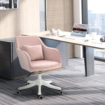 Velvet Office Chair, Desk Chair, Makeup Vanity Chair with Massage Lumbar Pillow and Rolling Wheels for Bedroom and Home, Pink