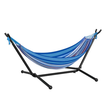 298 x 117cm Hammock with Stand Camping Hammock with Portable Carrying Bag, Adjustable Height, 120kg Load Capacity, White Stripe