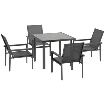 Five-Piece Metal Dining Set, with Glass-Top Table - Grey