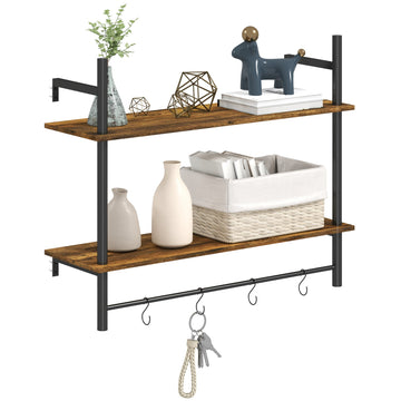 Wall Mounted Floating Shelves with 4 Hooks, Rustic Wall Shelf Unit for Living Room, Entryway, Rustic Brown