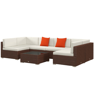 Seven-Piece Rattan Garden Set, with Glass-Top Table - Brown/Beige
