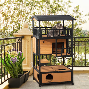 Wooden Outdoor Cat House 3-Tier for Winter Kitten Shelter Lodge w/ Tilted Roof Terrace Jump Step Bottom Tray Elevated Base Waterproof Paint Yellow