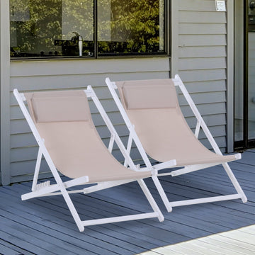 Set of 2 Folding Garden Beach Aluminium Frame Deck Chairs Deckchairs Seaside Folding Garden Patio Lounger, Beige
