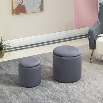 Modern Fabric Storage Ottoman with Removable Lid, Dressing Table Stool, Footstool, Set of 2, Grey