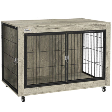Dog Crate Furniture with Wheels, Double Doors, for Large Dogs, 100 x 60 x 73.5cm, Grey
