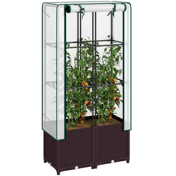 Raised Garden Bed with Trellis, Plastic Planter Box with PE Cover, Drainage Holes and Drain Plugs for Climbing Plants, Vegetables, Flowers, 80 x 40 x 140 cm