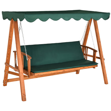 3 Seater 2-in-1 Wooden Garden Swing Seat Swing Chair Outdoor Convertible Hammock Bench Furniture Lounger Bed Wood, Dark Green