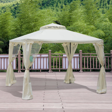 3 x 3 m Metal Gazebo, Garden Pavillion, Double Roof Outdoor Canopy Shelter with Mesh Sidewalls, Cream White
