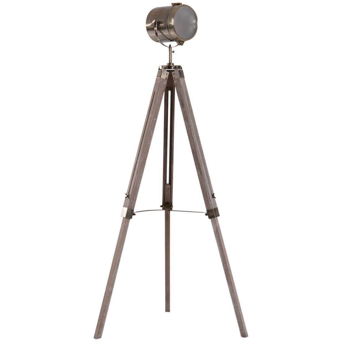 HOMCOM Industrial Tripod Floor Lamp, Nautical Searchlight with Adjustable Height, Wood Legs, E14 Lamp Base for Living Room, Bedroom, Grey and Bronze