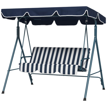 3 Seater Garden Swing Chair, Outdoor Swing Chair with Adjustable Canopy, Mental Frame & Cushions, Blue