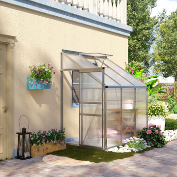 6 x 4ft Lean to Wall Polycarbonate Greenhouse Aluminium Walk-in Garden Greenhouse with Adjustable Roof Vent, Rain Gutter and Sliding Door, Clear