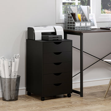 5 Drawer Mobile Filing Cabinet, Vertical File Cabinet, Modern Rolling Office Storage Organizer Cupboard, Black