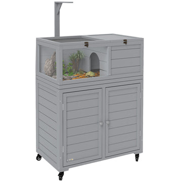 Wooden Tortoise House with Storage Cabinet, Openable Top, Lamp Holder, Windows, Light Grey