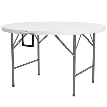 Φ122 Folding Garden Table, Outdoor HDPE Round Picnic Table for 6, Patio Table with Metal Frame, White