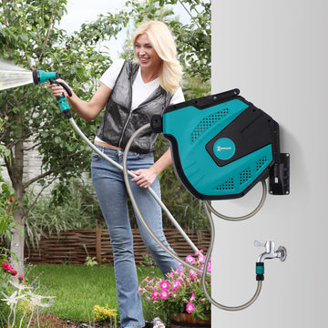 15m Garden Auto Hose Reel Wall Mounted Retractable 7 Patterns Spray Nozzle